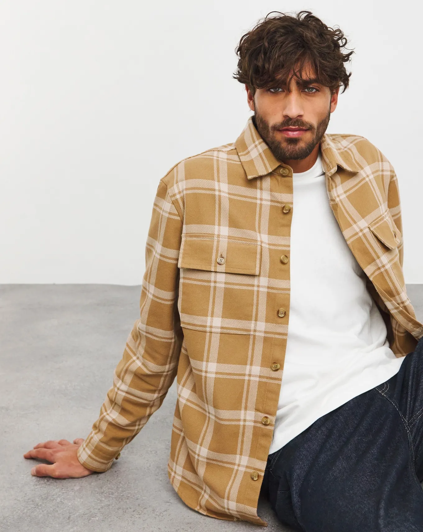 BOSS Beige Checked Overshirt- Shirts