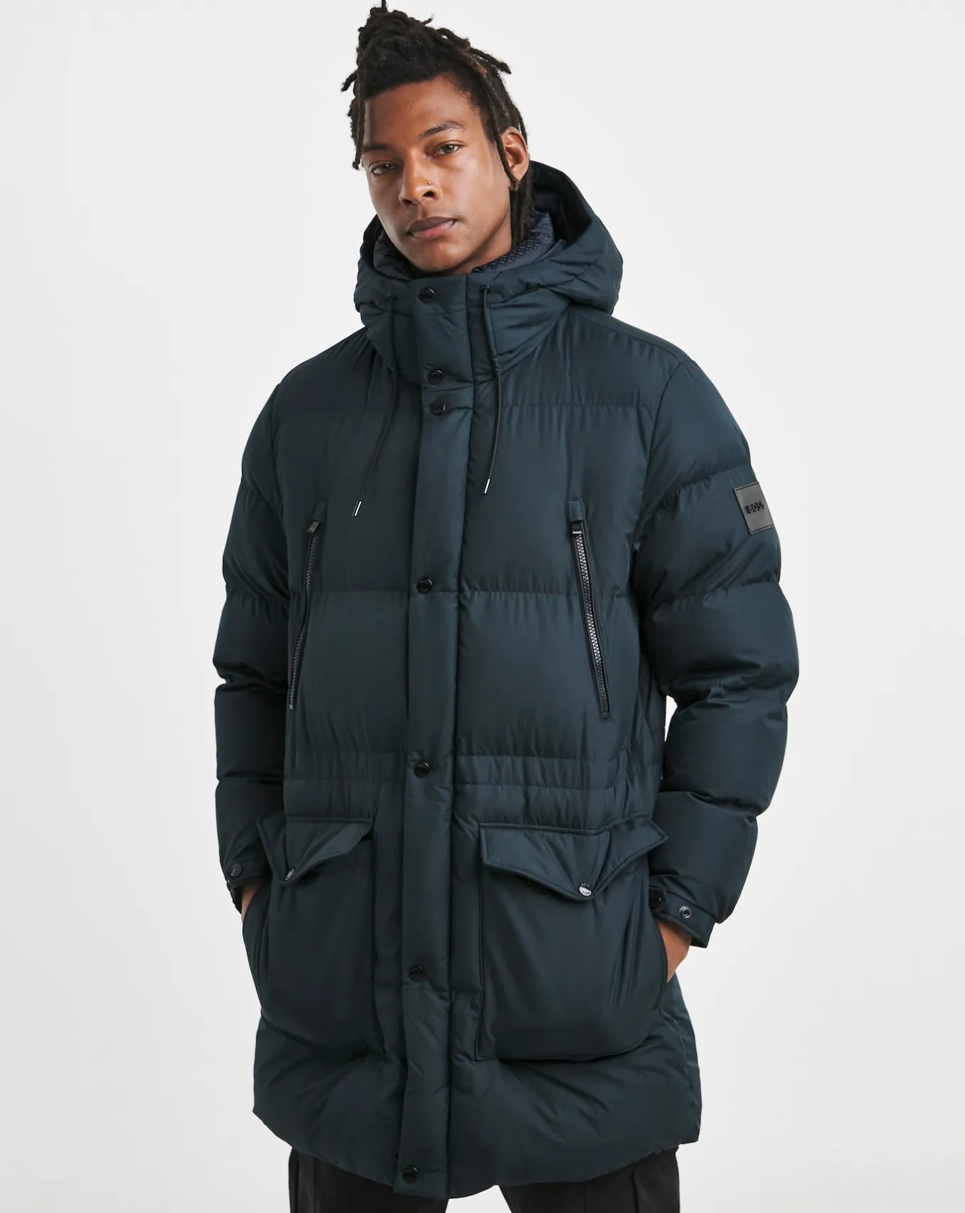 BOSS Dark Blue Long Padded Coat- Underwear | Trousers, Chinos & Cargos