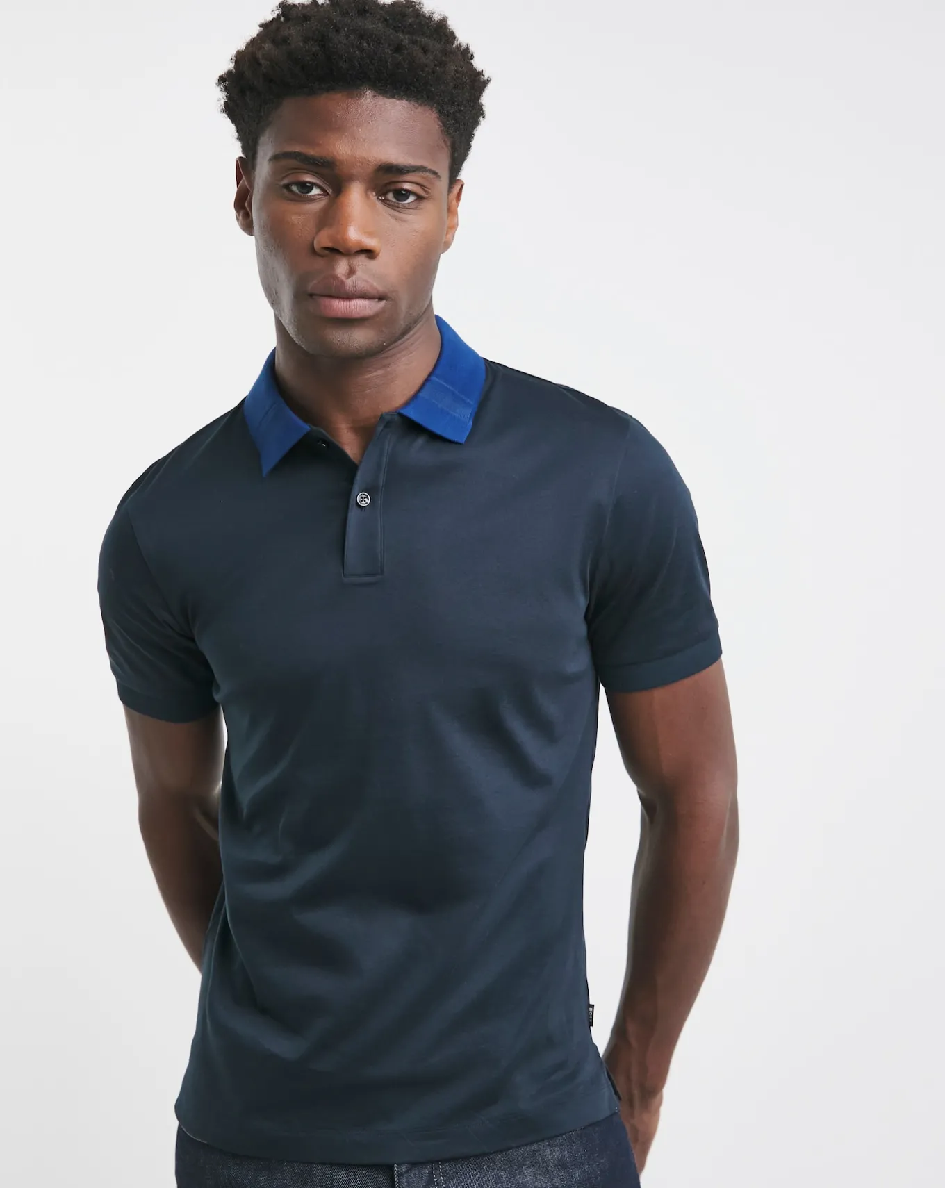 BOSS Short Sleeve Dark Blue Contrast Collar Polo- Polo Shirts