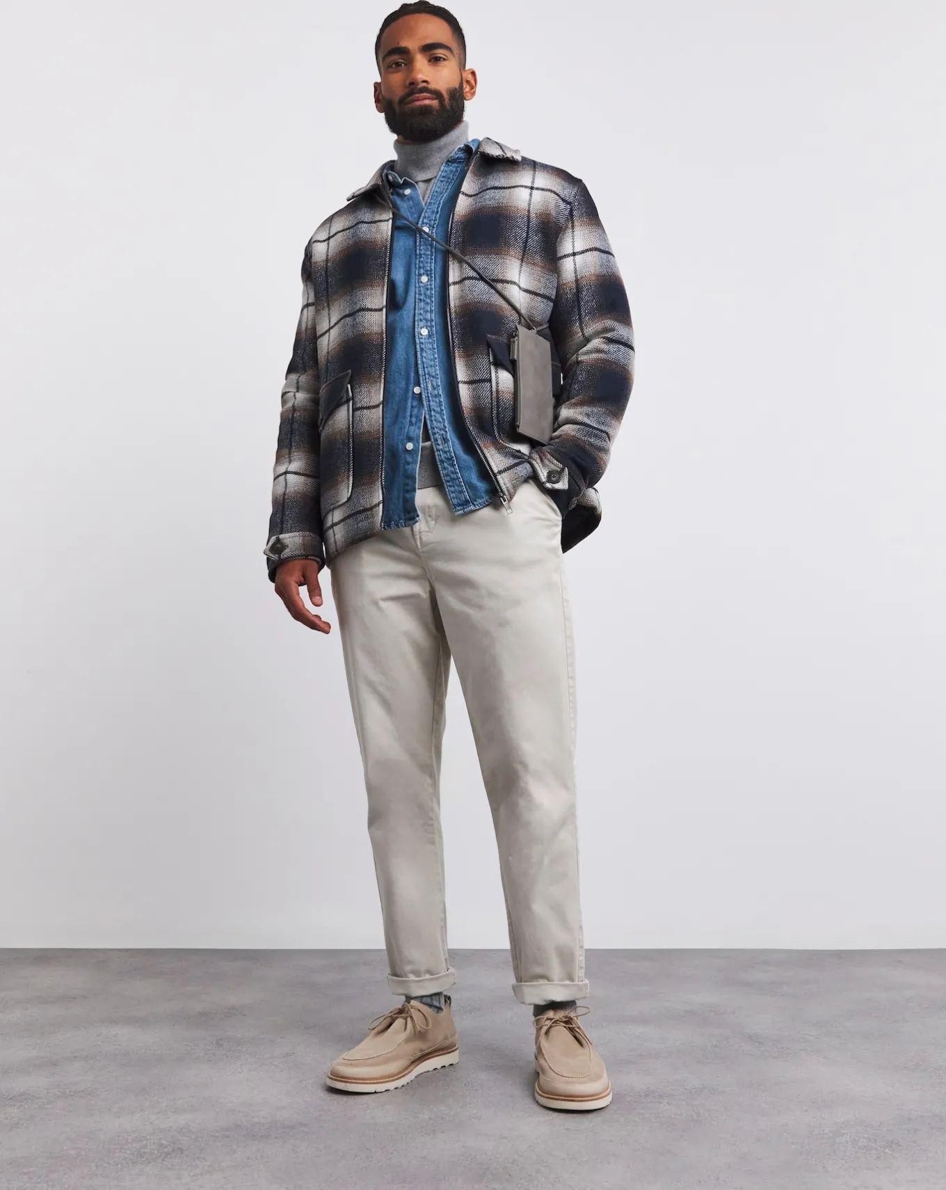 Jacamo Faux Wool Check Zip Detail Shacket- Underwear | Trousers, Chinos & Cargos