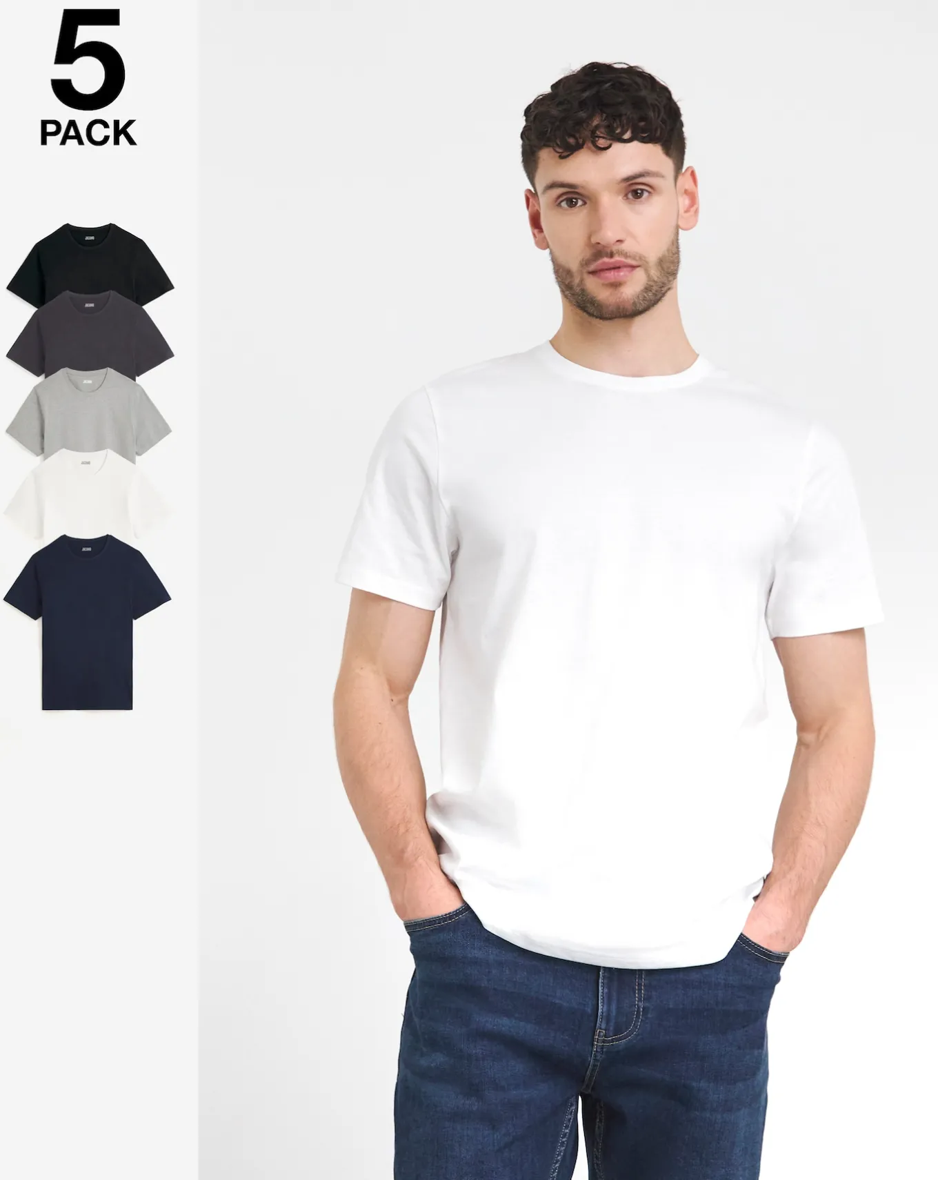 Jacamo 5 Pack Crew T-Shirts Extra Long- Underwear | Trousers, Chinos & Cargos