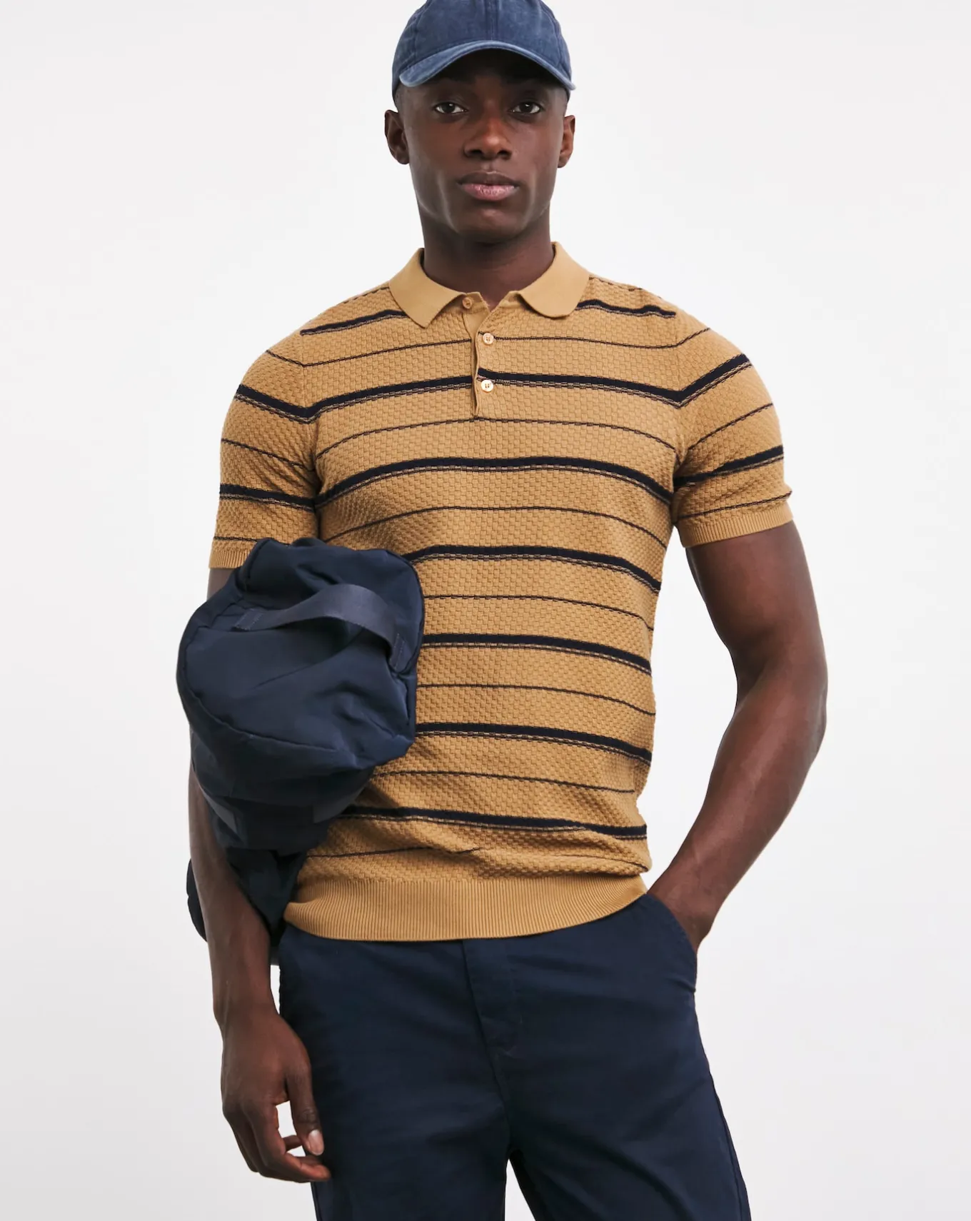 Jacamo Textured Stripe Knitted Polo- Polo Shirts | Jumpers & Cardigans